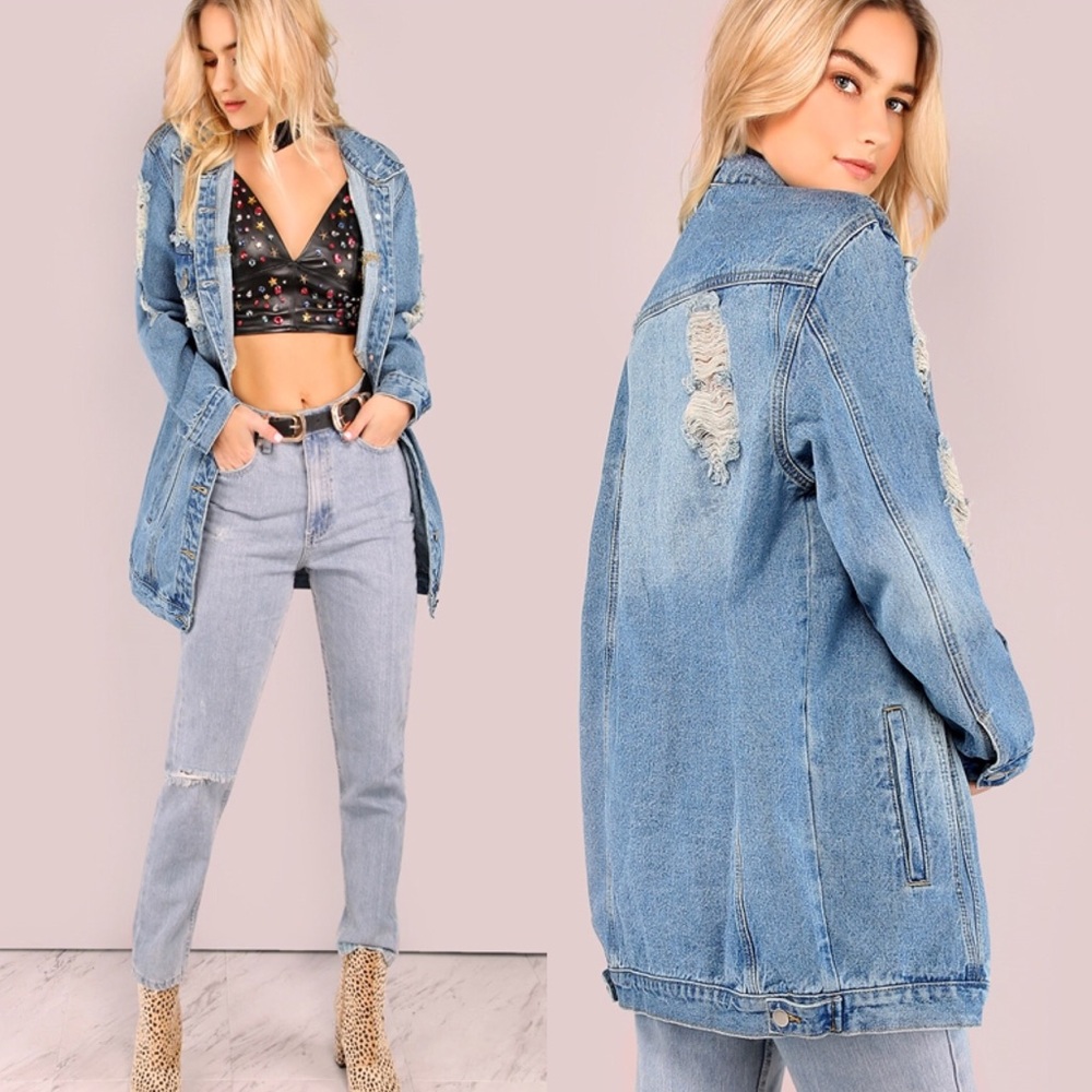 💥 SALE Distressed Faded Denim Boyfriend Jacket - Picture 2 of 4